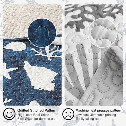 HORIMOTE HOME Coastal Quilt Bedding Set King Size, Reversible Navy Summer Beach Quilt Lightweight Ocean Nautical Comforter Tropical Bedspread Coverlet with 2 Pillow Shams for All Seasons (106"x96")