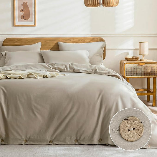 JELLYMONI Cotton Duvet Cover King Size - Linen Gray Comforter Cover with Button 100% Washed Cotton 3PCS Breathable Soft Solid Bedding Set Duvet Cover 104×90in & 2 Pillowcases (NO Comforter)