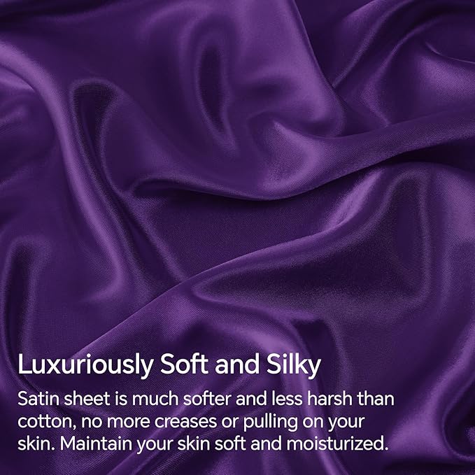 BEDELITE Satin Sheets Full Size Bed Set, Luxury Soft Plum Purple Sheets for Hair and Skin, Similar to Silk Bed Sheets Set 4 Pieces with 1 Deep Pocket Fitted Sheet, 1 Flat Sheet, and 2 Pillowcases
