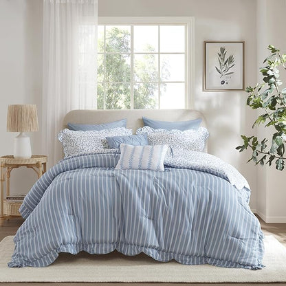 Madison Park 5-Piece Reversible Botanical Comforter Set - Summer Floral Print with Scalloped Edges, Lightweight Bedding with Decorative Pillows, King, Blue | Reversible, Lightweight