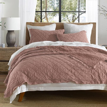 HORIMOTE HOME 100% Linen Front/100% Cotton Back Quilt Set Queen Size, Cameo Rose Pre-Washed European Flax Linen Quilt, Diamond Stitch Bedspread Coverlet Bedding Set 3-Piece for All Seasons