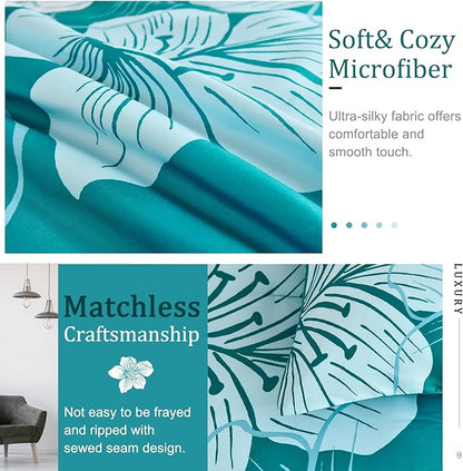 Menghomeus California King Comforter Set Gradient Teal Bedding Floral Comforter Sets Soft Microfiber Bed Comforter Set for All Season,3 Piece Botanical Flowers Comforter,Pillowcases