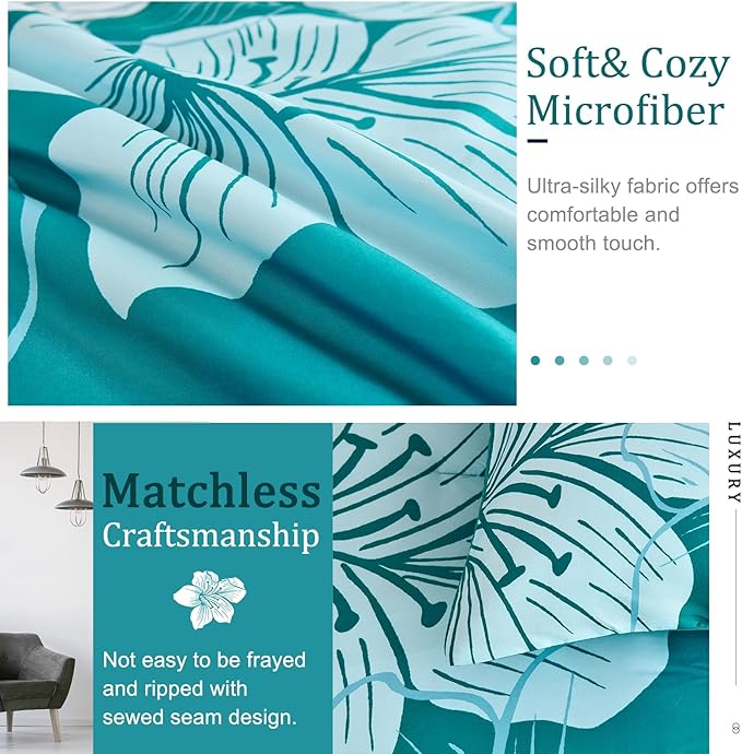 Menghomeus Full Comforter Set Gradient Teal Bedding Floral Comforter Sets - Soft Microfiber Bed Comforter Set for All Season, 3 Piece Botanical Flowers Comforter, Pillowcases
