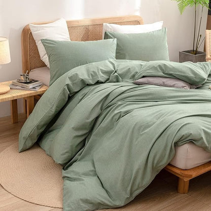 BESTOUCH Duvet Cover Set 100% Washed Cotton Linen Feel Super Soft Comfortable Chic Lightweight 3 PCs Home Bedding Set Solid Green Alaska King