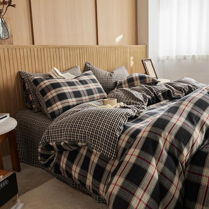 EAVD Vintage Red&Black Plaid Duvet Cover King Soft 100% Cotton Muslin Gauze Red Green Black Grid Checkered Bedding Set with 2 Pillowcases Reversible Gingham Duvet Cover with Zipper Closure