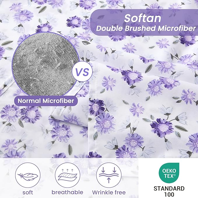 Softan Puple Floral King Sheet Set, 4-Piece Microfiber Printed Fitted Sheet with 15" Deep Pockets & Non-Slip Straps, White Flower Patterned Bedding Sheets & Pillowcase Set