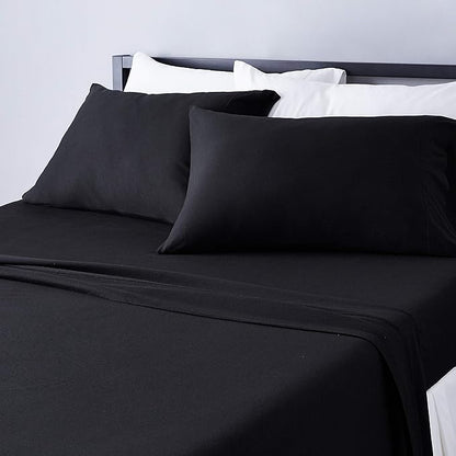 Amazon Basics 4 Piece Breathable Cotton Jersey Bed Sheet Set, Stretchy Flat and Fitted Sheets with Pillowcase, Queen, Black, Solid