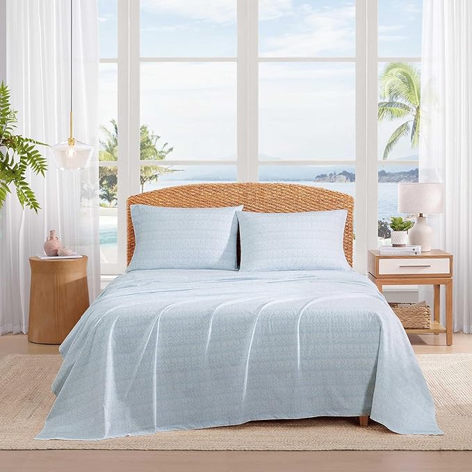 Tommy Bahama - Queen Size Sheet Set, 100% Cotton Percale Bedding with a Crisp & Cool Feel, Bed Sheets with Matching Fitted Sheet & Pillowcases (Palm Tree Ikat Blue)