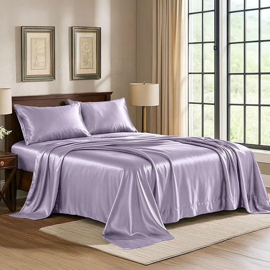 Satin Sheets Queen [4-Piece, Lavender] Hotel Luxury Silky Bed Sheets - Extra Soft 1800 Microfiber Sheet Set, Wrinkle, Fade, Stain Resistant - Deep Pocket Fitted Sheet, Flat Sheet, Pillow Cases