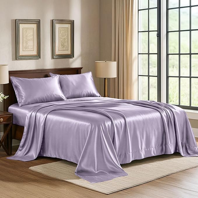 Satin Sheets Twin [3-Piece, Lavender] Hotel Luxury Silky Bed Sheets - Extra Soft 1800 Microfiber Sheet Set, Wrinkle, Fade, Stain Resistant - Deep Pocket Fitted Sheet, Flat Sheet, Pillow Cases