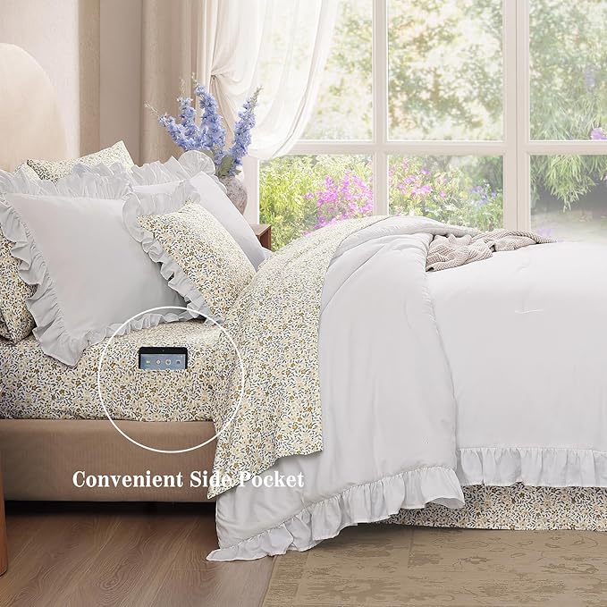 King Comforter Set - 7 Pieces Ruffle White Bedding Sets, Shabby Chic Farmhouse Bed in a Bag King with Ruffle Comforter, Floral Sheets, Pillowcases & Shams