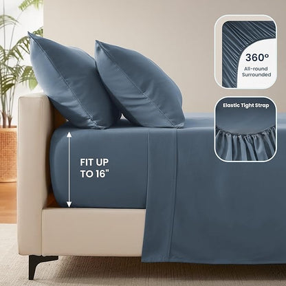 SLEEP ZONE Queen Sheet Set-4 Pieces Soft Queen Size Sheets Breathable & Cooling Bed Sheets Set, Easy Care Includes 1 Fitted Sheet, 1 Flat Sheet and 2 Pillowcases, Deep Pocket 16" (Flint Blue, Queen)
