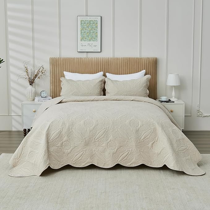 Kingnex Oversized King Bedspreads 128x120 for Extra Wide Tall King or Cal King Bed Ultrasonic Quilted Coverlet Set 3 Piece Include 1 Quilt 2 Pillowcases Beige