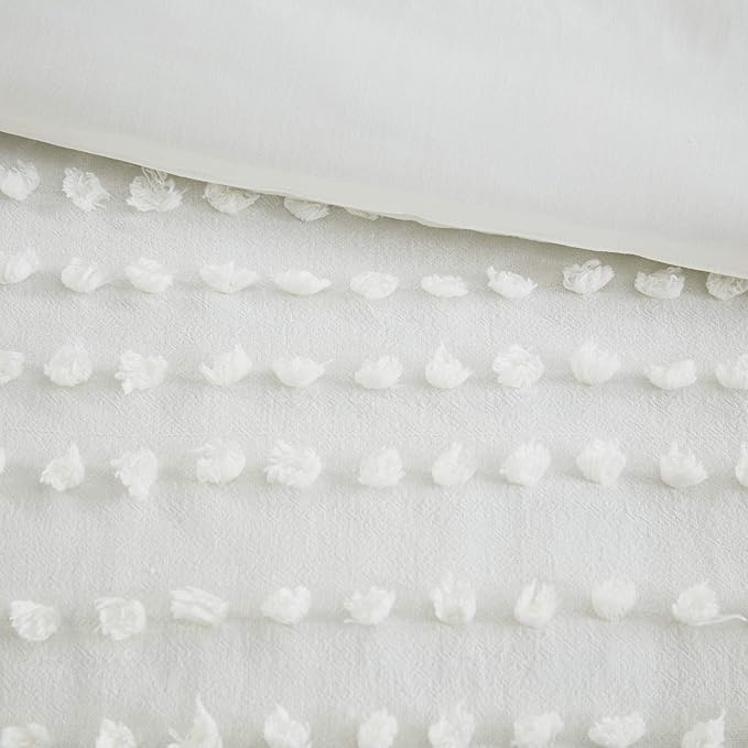 Comfort Spaces Cotton Comforter Set Jacquard Pom-Pom Tufts Design, Down Alternative, All Season Modern Bedding, Matching Shams, Full/Queen, Phillips, Ivory
