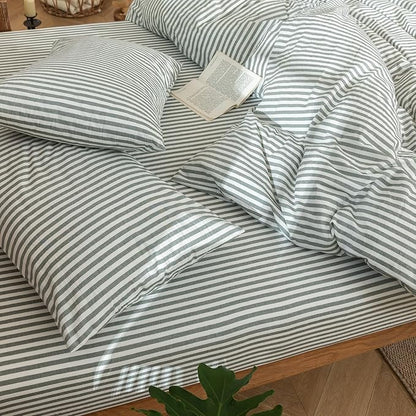 MooMee Striped Duvet Cover Set 100% Washed Cotton Linen Like Textured Breathable Durable Soft Comfy (Heathered Green Classic Stripes, Super Queen 90"x98")