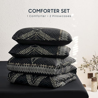 Wake In Cloud - Boho Comforter Set, Farmhouse Bohemian Western Aztec Neutral Aesthetic, Soft Lightweight Bedding, 3 Pieces, Charcoal Black, King Size