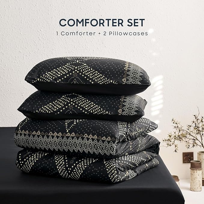 Wake In Cloud - Boho Comforter Set, Farmhouse Bohemian Western Aztec Neutral Aesthetic, Soft Lightweight Bedding, 3 Pieces, Charcoal Black, Full Size