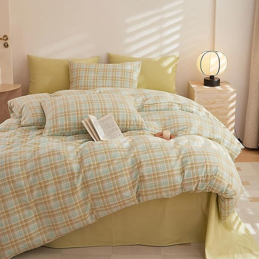 HighBuy Green Khaki Plaid Comforter Set Twin XL Modern Chic Gingham Bed Comforter with 2 Pillowcases Vintage Checkered Grid Fluffy Comforter Sets for Teen Girls,Breathable Comfy Farmhouse