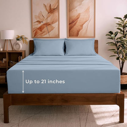 Mellanni Full Sheet Set - 6-Piece Iconic Collection Bedding, (Including 4 Pillowcases), 21-Inch Extra Deep Pocket, Easy Care, Ultra Soft, Cooling Sheets, Brushed Microfiber - Blue Hydrangea