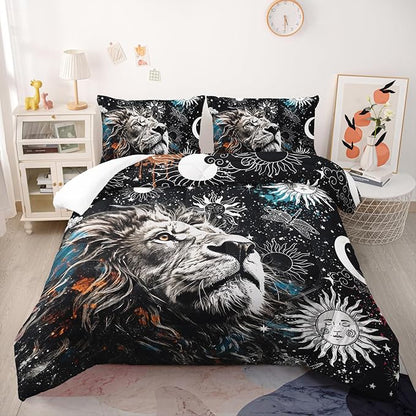 Galaxy Lion Comforter Set Twin Sun and Moon Bedding Sets 3PCS for Kids Teen Adult Room Decor Ultra-Soft Lightweight Microfiber 1 Comforter with 2 Pillowcases