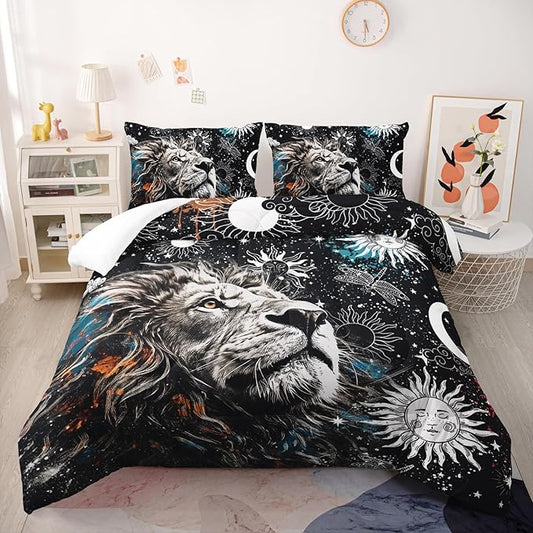 Galaxy Lion Comforter Set Twin Sun and Moon Bedding Sets 3PCS for Kids Teen Adult Room Decor Ultra-Soft Lightweight Microfiber 1 Comforter with 2 Pillowcases
