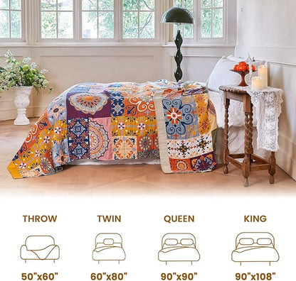 MSGKV Boho Throw Blanket for Bed 90"x90" 100% Cotton Blanket Spring Breathable Lightweight Queen Size Blankets Home Decor Muslin All Seasons