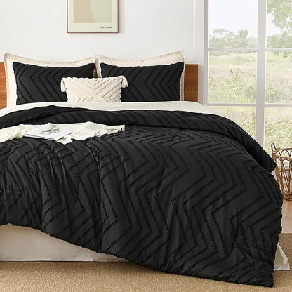 Litanika Alaskan King Comforter Set 128x120, 3 Pieces Oversized Super King Plus Size Boho Tufted Bedding Comforter Sets, Fluffy Bed Set Black