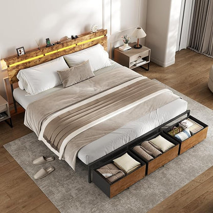Forestell King Size Bed Frame with Wood Headboard,3 Storage Drawers & Shelf | Built-in Charging Station & LED Lights, Metal Support, No Box Spring Needed, noise-free, easy assembly, Smart RGB, USB+Type-C