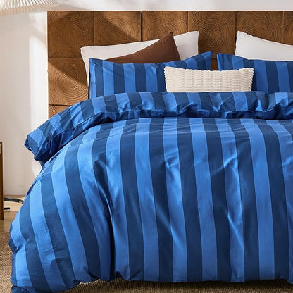 Merryword Blue Striped Duvet Cover Set Queen Size, 100% Natural Cotton Linen Like Duvet Cover Set with Zipper Closure & 8 Corner Ties, Dark Blue Soft Reversible Bedding for All Seasons