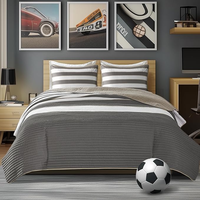 Comfort Spaces Twin Quilt Set Trendy Casual Fun, Vibrant Color Stripes Design, All Season Lightweight Coverlet Bedspread Twin Size Kids Bedding & Sham, Verone, Twin/Twin XL, Grey, 2 Piece