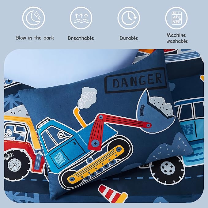 Twin Kids Comforter Set - 5 Pieces Twin Bedding Sets for Boys Teen, Glow in The Dark Truck Tractor Excavator Bed in A Bag with Sheets