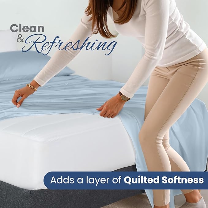 Martex Quilted Mattress Pad, Soft Breathable Polyester-Cotton Blend Fabric, Premium Polyester Fill Mattress Topper Pad, Deep Pocket Elastic Fit up to 18”, All-Season Comfort, Machine Washable, Full