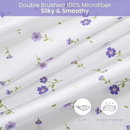 Softan Purple Floral Twin Size Sheet Set, 3 Pieces Microfiber Single Bed Sheets for Girls, Cozy Fitted Sheet with 15" Deep Pockets & Non-Slip Straps, Cute Purple Flower Sheets & Pillowcase Set