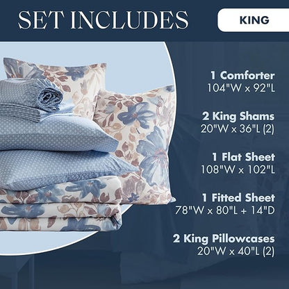 Madison Park Essentials Comforter Set with Sheets, Floral Bed in A Bag Microfiber Comforter, Shabby Chic King Bedding Set Diamond Printed Sheet, Luna, King, Blue 7 Piece
