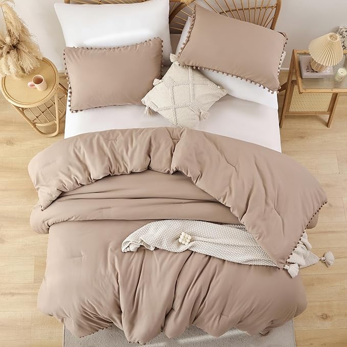 YIRDDEO King Size Comforter Set - King Size Comforter with Ball Pom Fringe, Soft King Bedding Set for All Seasons - 3 Pieces, 1 Comforter (104"x90"inches) & 2 Pillow Shams(20"x36"), Taupe