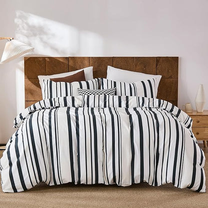 Merryword Black and White Striped Duvet Cover Set King Size - 100% Cotton Duvet Cover Set with Vertical Stripe Design, Soft Breathable Comforter Cover for All Seasons