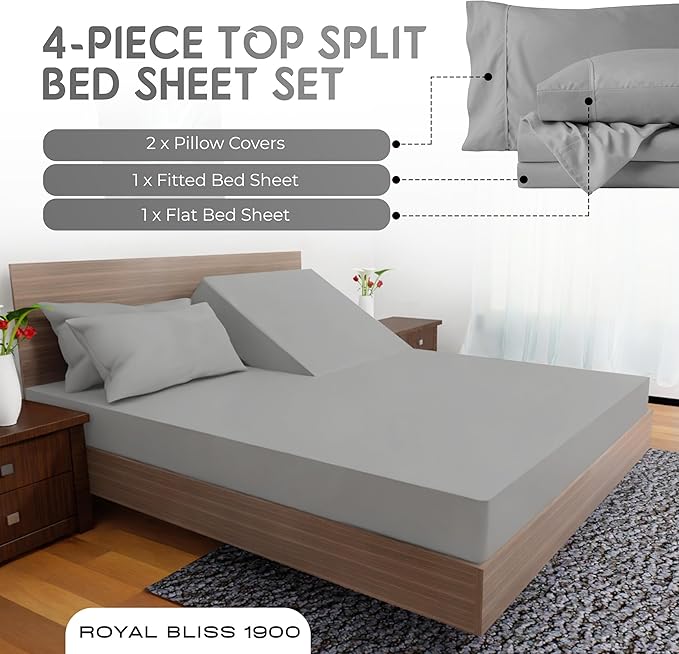 Split Top California King Sheet Set Ultra-Soft Egyptian Quality Bed Sheets Set - Double Brushed -Deep Pockets -Easy Fit - Fade Resistant - 4 Piece Set (Silver)