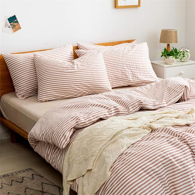 JELLYMONI 100% Natural Cotton 2pcs Striped Duvet Cover Sets,White Duvet Cover with Pink Stripes Pattern Printed Comforter Cover,with Zipper Closure & Corner Ties(Twin Size)