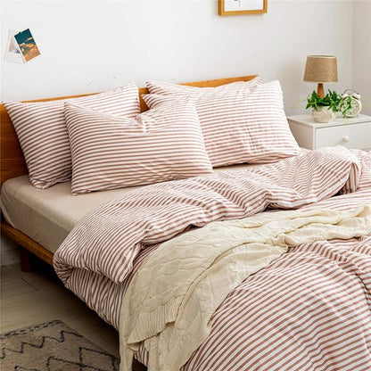 JELLYMONI 100% Natural Cotton 2pcs Striped Duvet Cover Sets,White Duvet Cover with Pink Stripes Pattern Printed Comforter Cover,with Zipper Closure & Corner Ties(Twin Size)