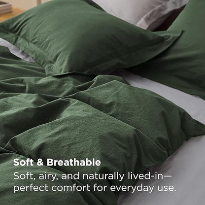 Bedsure 100% Washed Cotton Duvet Cover Oversized King - Olive Green Minimalist Bedding Set Linen Like - PureWoven Plain Simple & Soft Comforter Cover 3-Piece (Olive Green, Oversized King, 120"x98")
