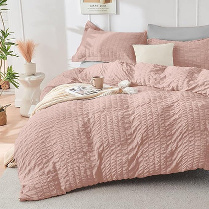 HYMOKEGE Rose Gold/Light Grey Duvet Cover Full Size, Ultra Soft 3-Piece Seersucker Duvet Cover Set with Zipper Closure, Soft Brushed Microfiber Bedding Set with 8 Corner Ties (80"x90", 2 Pillowshams)