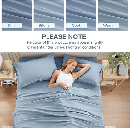 Comfort Spaces 100% Cotton Sheet Set Breathable, Lightweight, Soft with 14" Elastic Pocket Fits up to 16" Mattress, All Season Cozy Bedding, Matching Pillow Case, Queen Blue 4 Piece