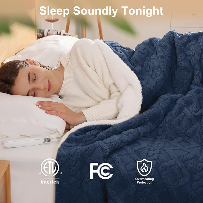 Electric Blanket Queen Size - 84"x90" Warming Blanket for Adults, Dual Control with 5 Heat Setting and 10 Hours Auto-off, Ultra Thick 450gsm Sherpa Fleece Heated Blankets, ETL Certified(Navy Blue)