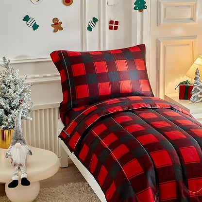 Christmas Toddler Bedding Set for Boys Girls Red Black Plaid Gingham Holiday 4PC Toddler Bed Set - Cute Toddler White Bed in a Bag for New Year
