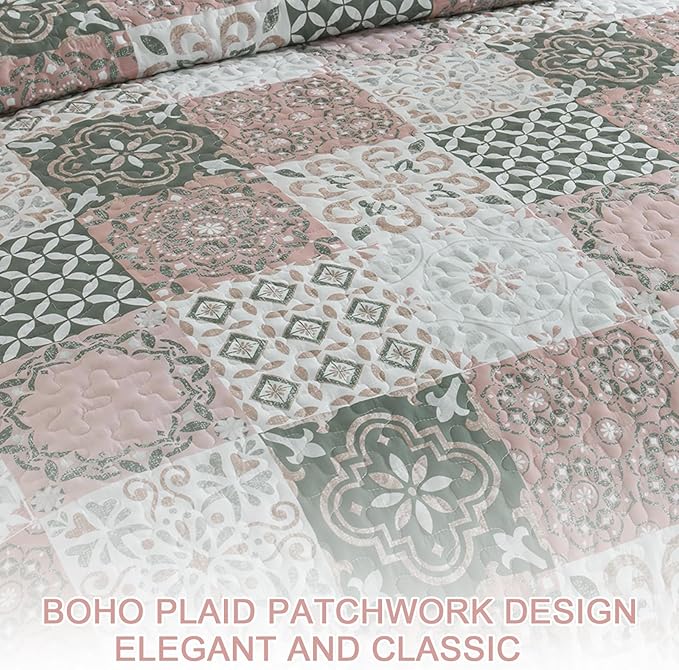 Dobuyly Blush Quilt Set King Size, Boho Patchwork Plaid Bedspread Coverlet Set, 3 Pieces Soft Microfiber Farmhouse Quilt Bedding Set Lightweight Bed Cover for All Seasons 110"x90"