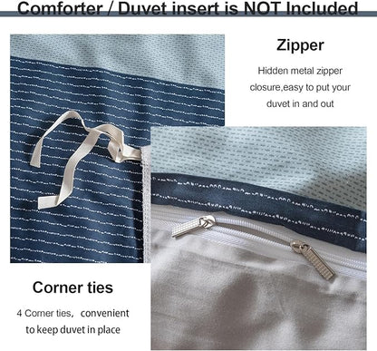 EAVD Cotton Duvet Cover Set Twin White Gray Blue Striped Duvet Cover ModernStyle Geometric Striped Bedding Set for Boys Girls Simple Style Geometric Comforter Cover with Zipper Closure