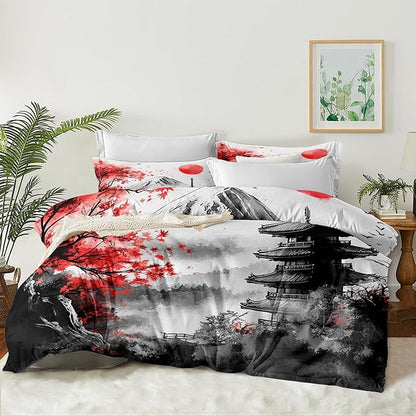 Japanese Style Botanical Comforter Set Twin Size, 2 Pieces Classical Architecture Art Painting Lightweight Summer Comforter with 1 Pillow Case, Ultra Soft Microfiber Bedding Set(68" X 86")