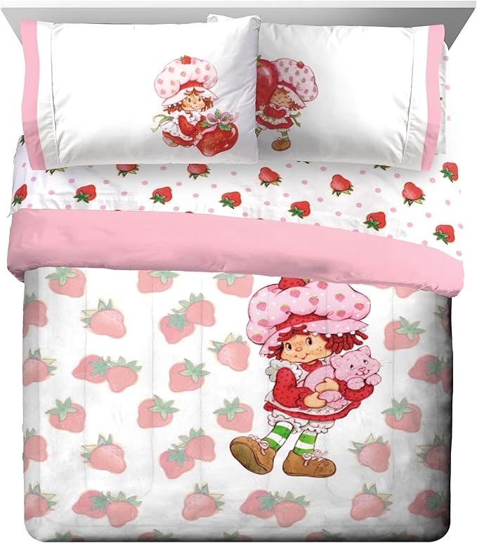 Jay Franco Strawberry Shortcake Queen Comforter Set - 7 Piece Bedding Includes Sheet Set & Pillow Covers - Super Soft Pink & White Kids Bedding