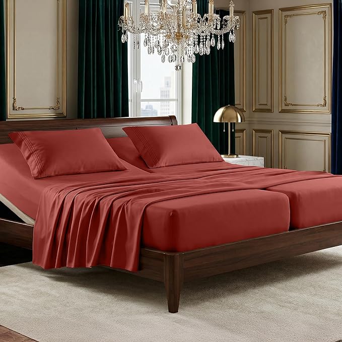 Elegant Comfort Luxurious 1500 Premium Hotel Quality Microfiber Three Line Embroidered Softest 5-Piece Bed Sheet Set, Wrinkle and Fade Resistant, Split King, Rust