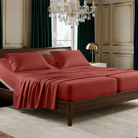 Elegant Comfort Luxurious 1500 Premium Hotel Quality Microfiber Three Line Embroidered Softest 5-Piece Bed Sheet Set, Wrinkle and Fade Resistant, Split King, Rust